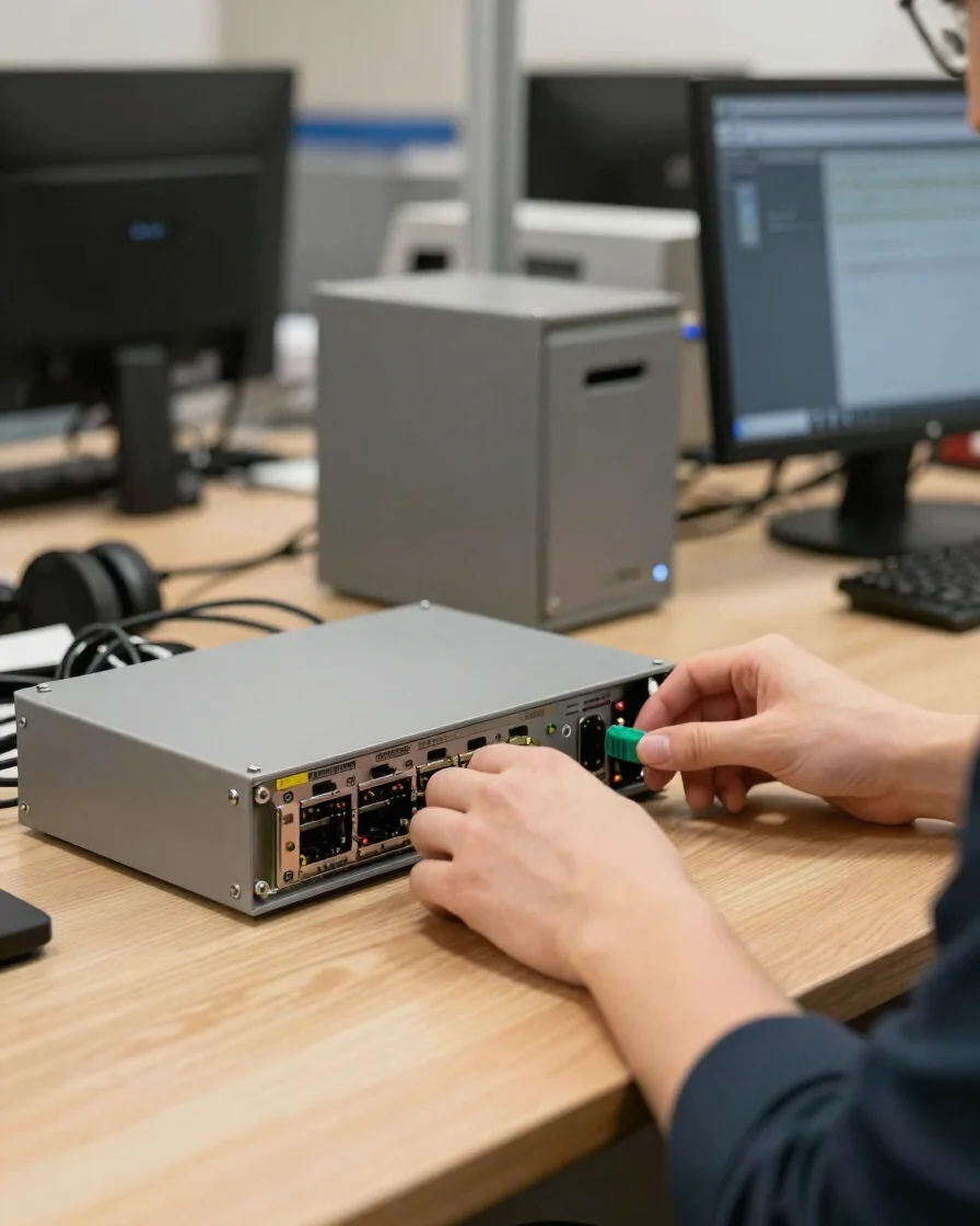 Détail éditorial naturel d’un poste de travail de petite entreprise, un technicien examinant un boîtier réseau posé sur