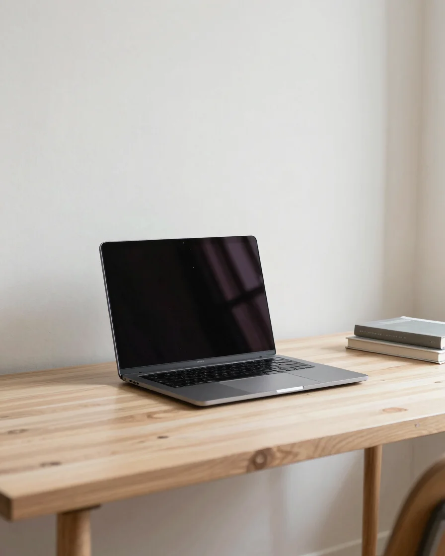 Plan large d’un petit bureau contemporain, un ordinateur portable