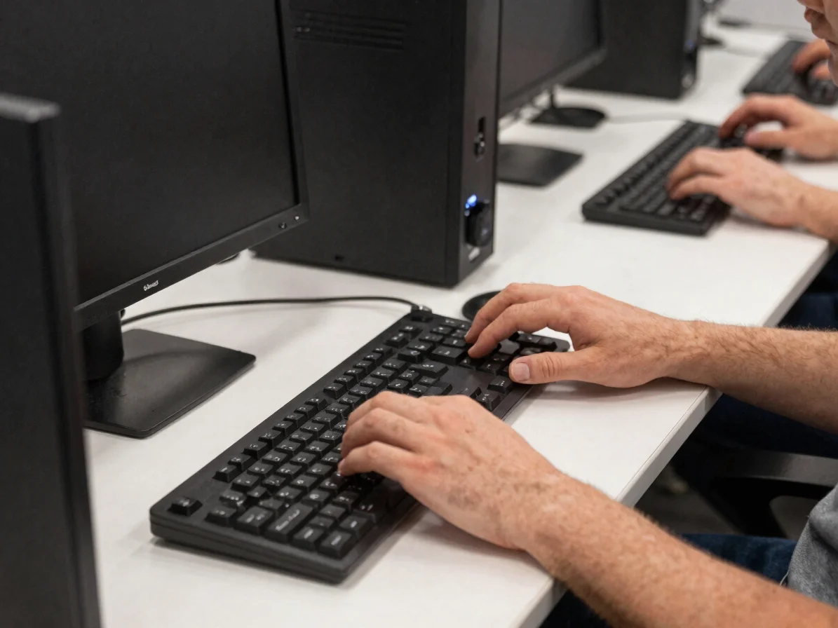 Gestes d’examen d’un ordinateur de bureau par un technicien dans
